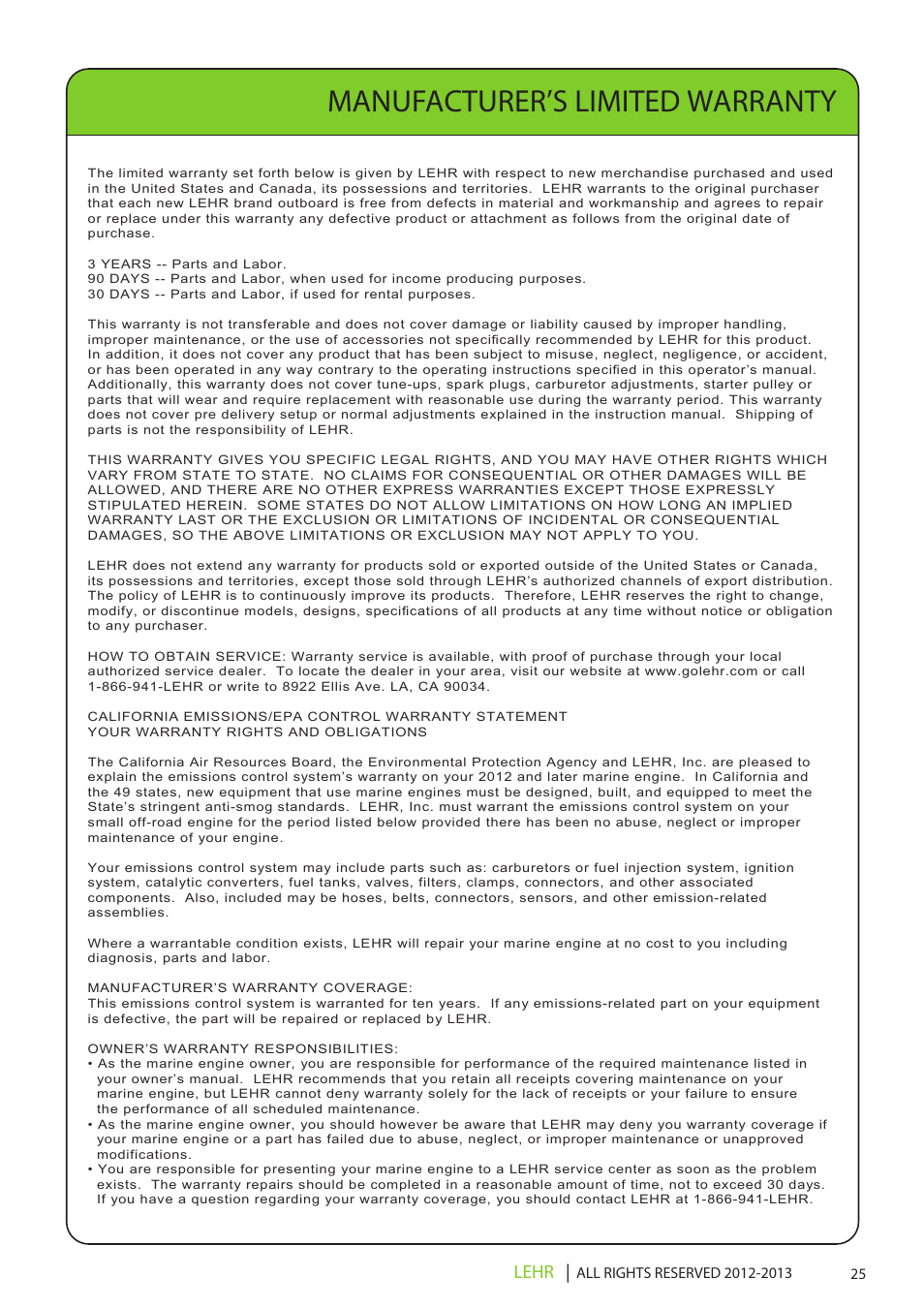 Ob 072 operators manual draft 1 27, Manufacturer’s limited warranty, Lehr | LEHR 2.5 HP 4-STROKE User Manual | Page 27 / 30