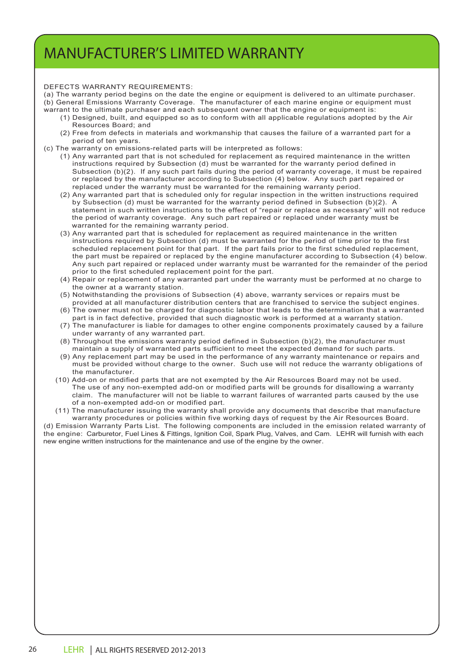 Ob 072 operators manual draft 1 28, Manufacturer’s limited warranty, Lehr | LEHR 2.5 HP 4-STROKE User Manual | Page 28 / 30