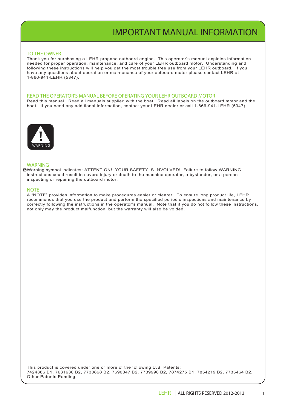 Ob 072 operators manual draft 1 3, Important manual information, Lehr | LEHR 2.5 HP 4-STROKE User Manual | Page 3 / 30