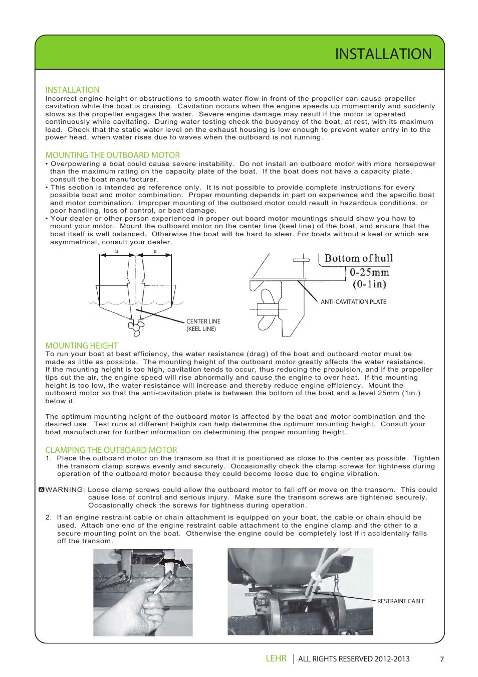 Ob 072 operators manual draft 1 9, Installation, Lehr | Mounting the outboard motor, Mounting height, Clamping the outboard motor | LEHR 2.5 HP 4-STROKE User Manual | Page 9 / 30