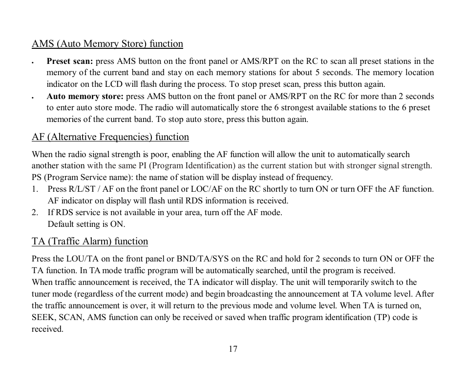 Af (alternative frequencies) function, Ta (traffic alarm) function | Hyundai H-CMD4002 User Manual | Page 17 / 79