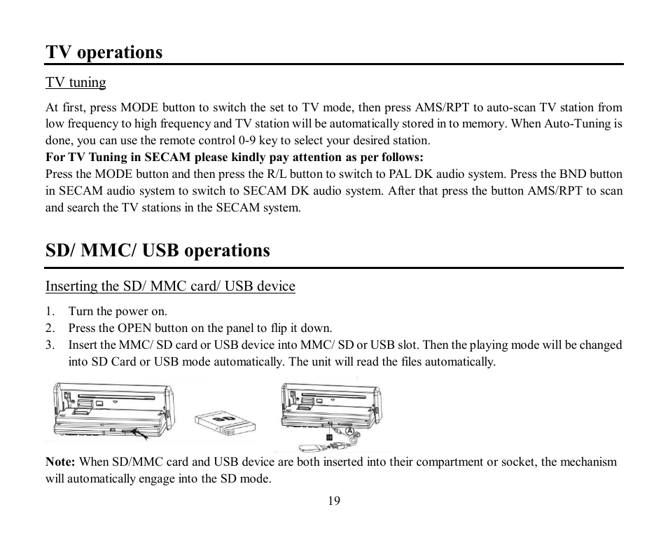 Tv operations, Sd/ mmc/ usb operations | Hyundai H-CMD4002 User Manual | Page 19 / 79