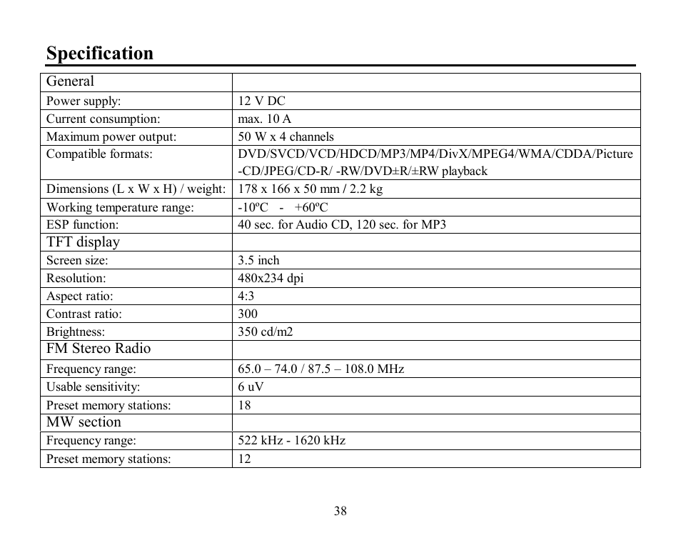 Specification | Hyundai H-CMD4002 User Manual | Page 38 / 79