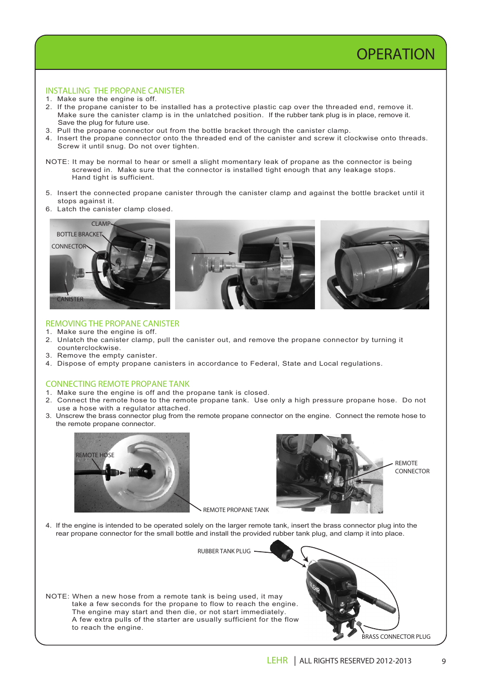 Ob 072 operators manual draft 1 11, Operation, Lehr | Installing the propane canister, Removing the propane canister, Connecting remote propane tank | LEHR 5.0 HP 4-STROKE User Manual | Page 11 / 30