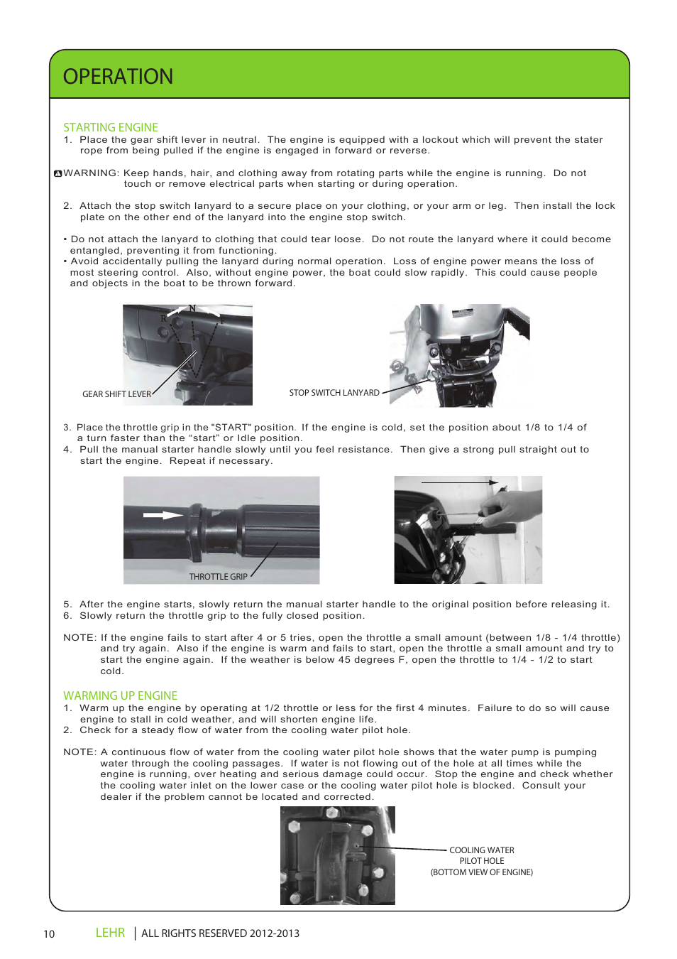 Ob 112 operators manual draft 2 12, Operation, Lehr | Starting engine, Warming up engine | LEHR 5.0 HP 4-STROKE User Manual | Page 12 / 30