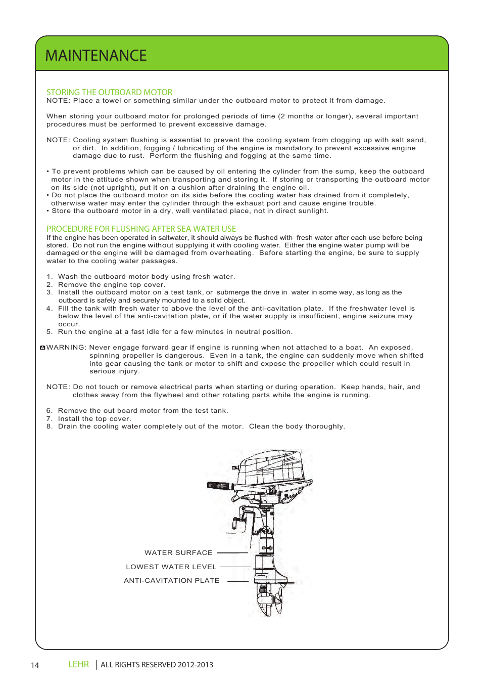 Ob 112 operators manual draft 2 16x, Maintenance, Lehr | Storing the outboard motor, Procedure for flushing after sea water use | LEHR 5.0 HP 4-STROKE User Manual | Page 16 / 30