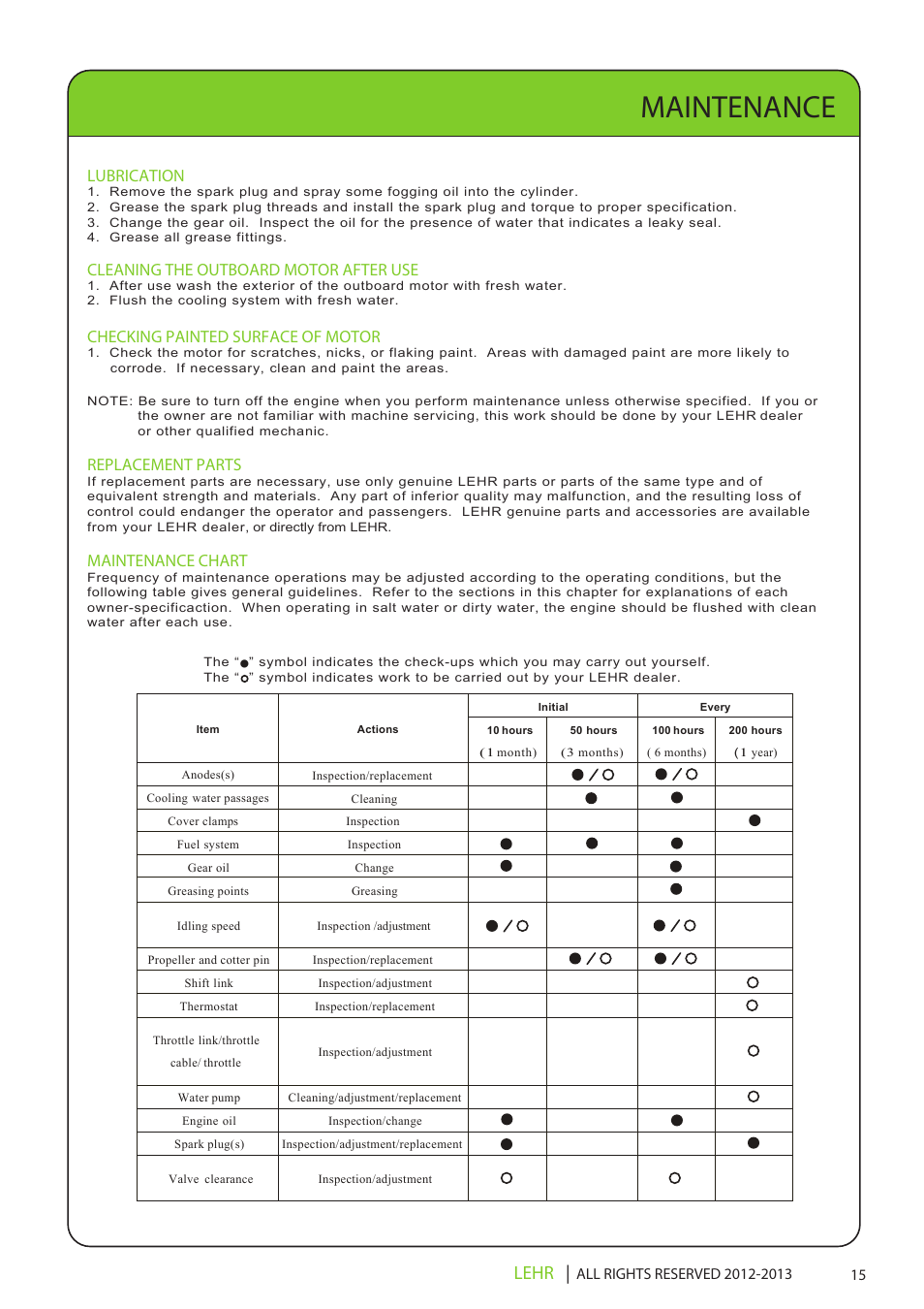 Ob 112 operators manual draft 2 17, Maintenance, Lehr | Lubrication, Cleaning the outboard motor after use, Checking painted surface of motor, Replacement parts, Maintenance chart | LEHR 5.0 HP 4-STROKE User Manual | Page 17 / 30