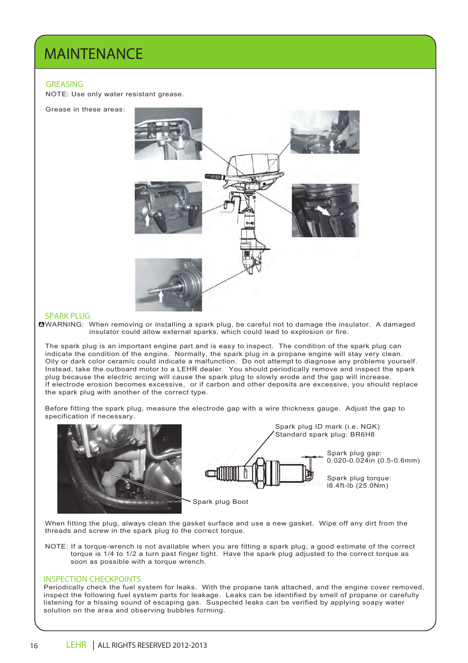 Ob 112 operators manual draft 2 18, Maintenance, Lehr | Greasing, Spark plug, Inspection checkpoints | LEHR 5.0 HP 4-STROKE User Manual | Page 18 / 30