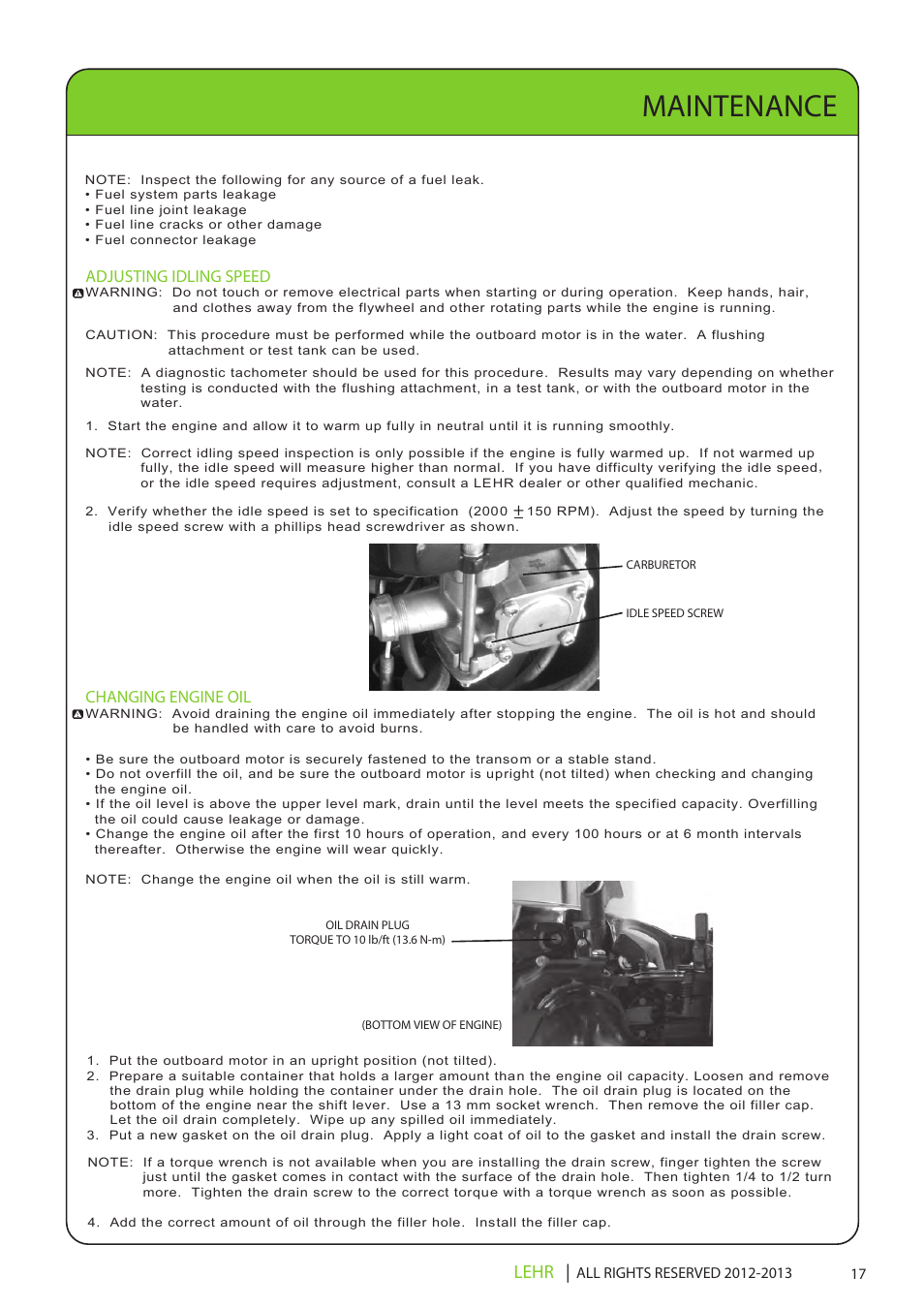 Ob 112 operators manual draft 2 19, Maintenance, Lehr | Adjusting idling speed, Changing engine oil | LEHR 5.0 HP 4-STROKE User Manual | Page 19 / 30