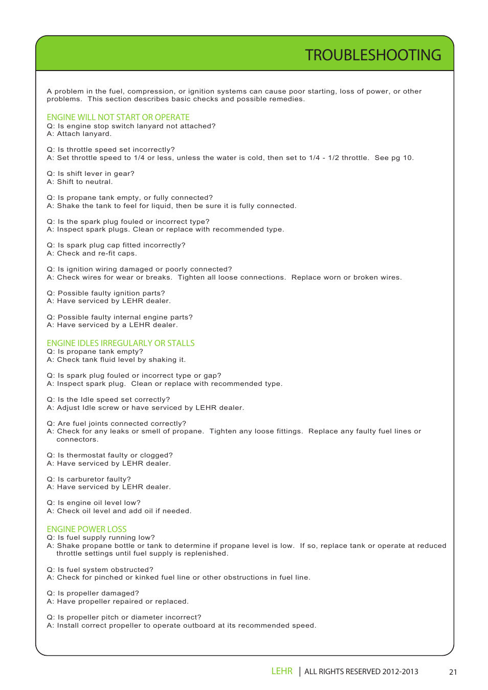 Ob 112 operators manual draft 2 23x, Troubleshooting, Lehr | Engine will not start or operate, Engine idles irregularly or stalls, Engine power loss | LEHR 5.0 HP 4-STROKE User Manual | Page 23 / 30