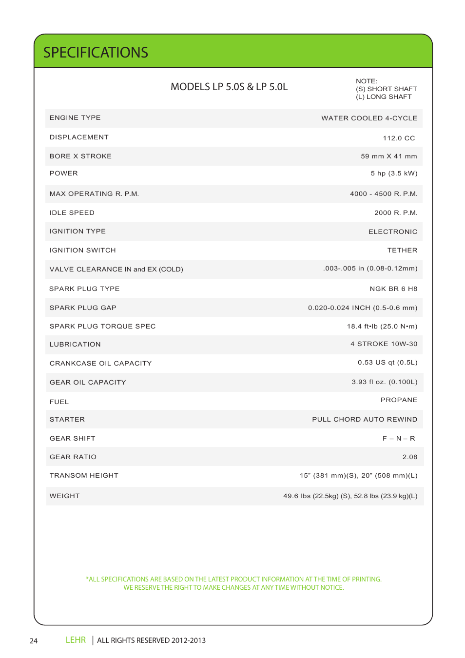 Ob 112 operators manual draft 2 26x, Specifications, Models lp 5.0s & lp 5.0l | Lehr | LEHR 5.0 HP 4-STROKE User Manual | Page 26 / 30