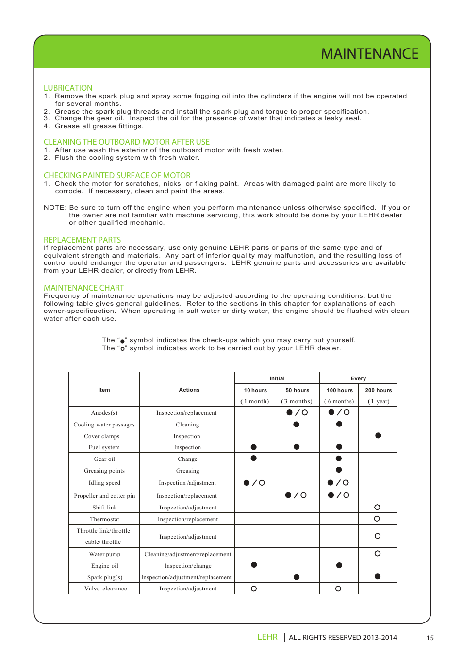 Lp9.9 operators manual final en 17, Maintenance, Lehr | Lubrication, Cleaning the outboard motor after use, Checking painted surface of motor, Replacement parts, Maintenance chart | LEHR 9.9 HP 4-STROKE User Manual | Page 17 / 30