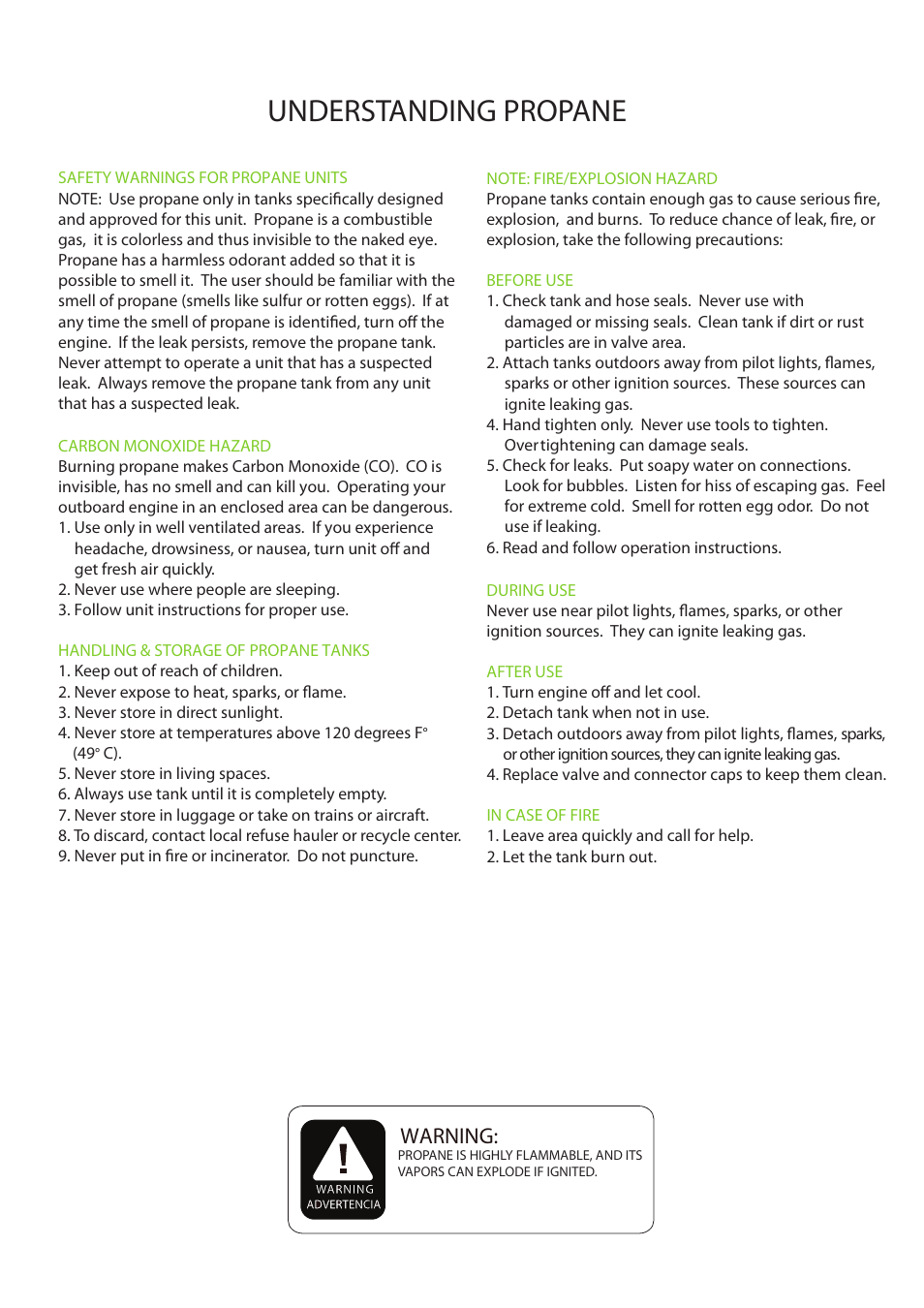 Lp9.9 operators manual final en 2, Understanding propane, Warning | LEHR 9.9 HP 4-STROKE User Manual | Page 2 / 30