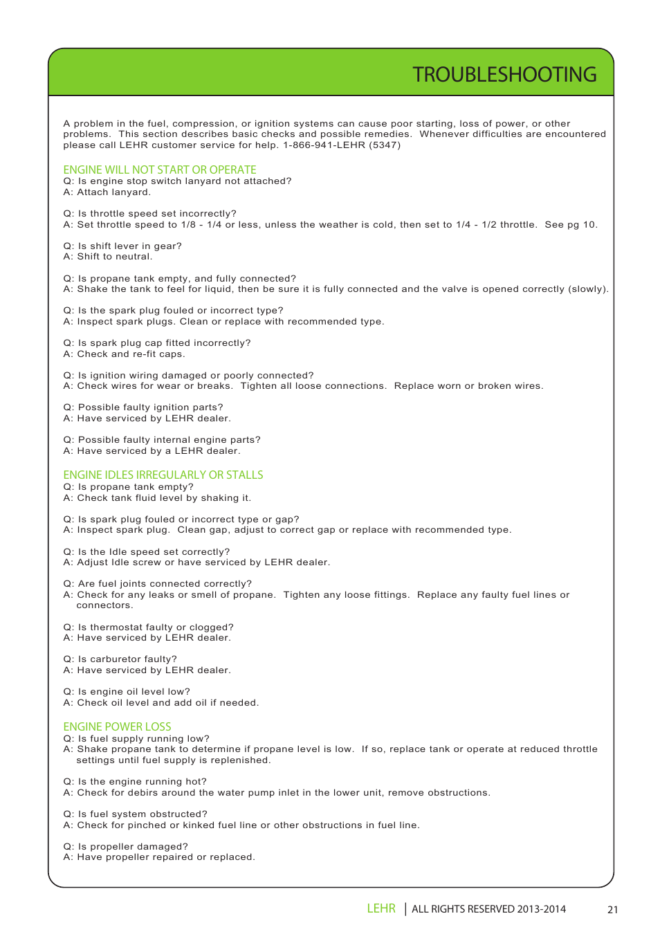 Troubleshooting, Lehr | LEHR 9.9 HP 4-STROKE User Manual | Page 23 / 30