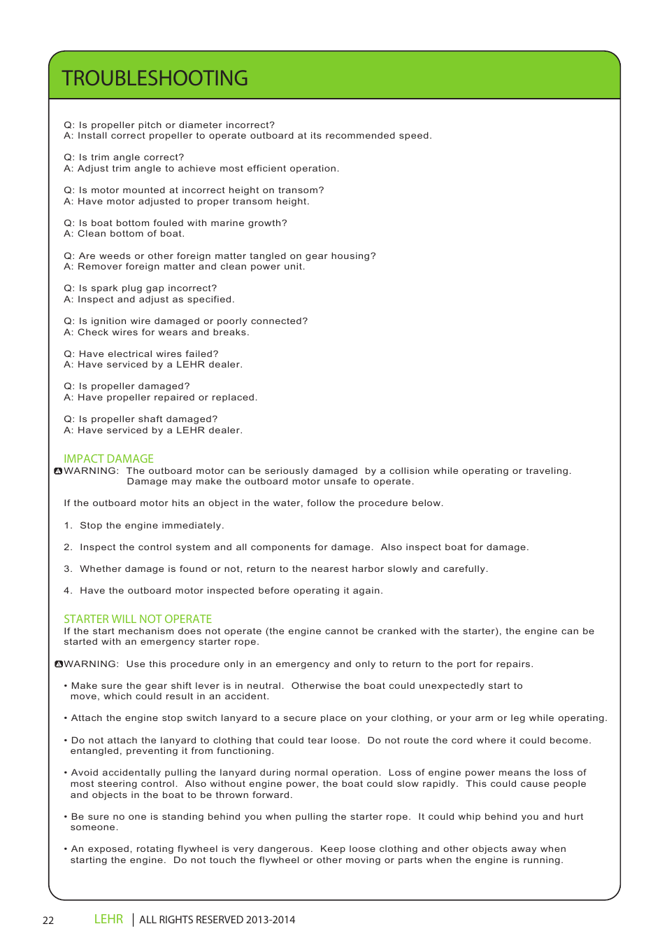 Troubleshooting, Lehr | LEHR 9.9 HP 4-STROKE User Manual | Page 24 / 30