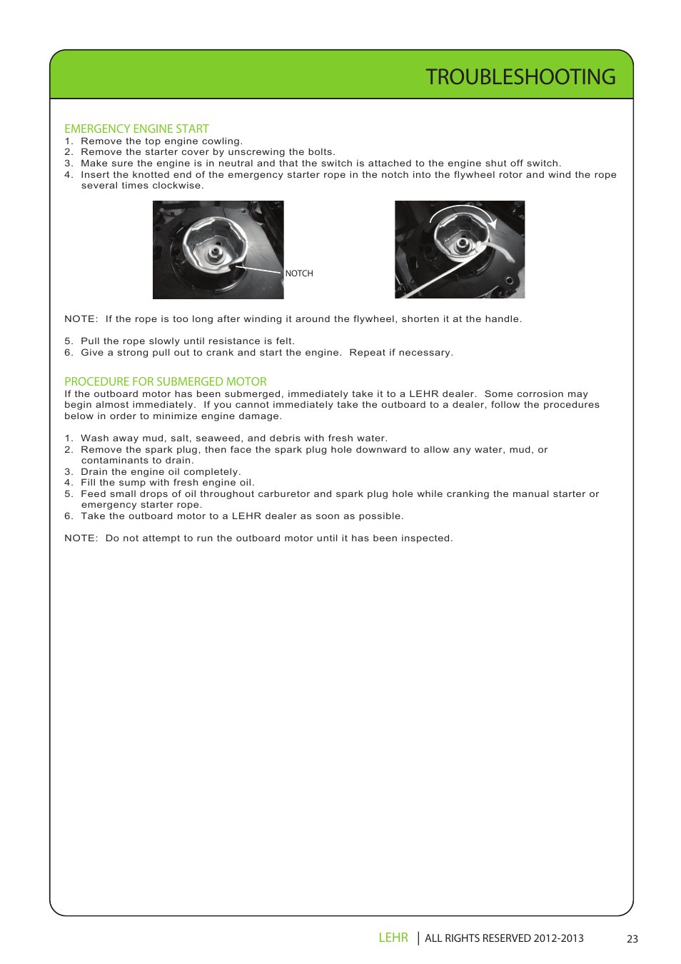 Lp9.9 operators manual final en 25, Troubleshooting | LEHR 9.9 HP 4-STROKE User Manual | Page 25 / 30