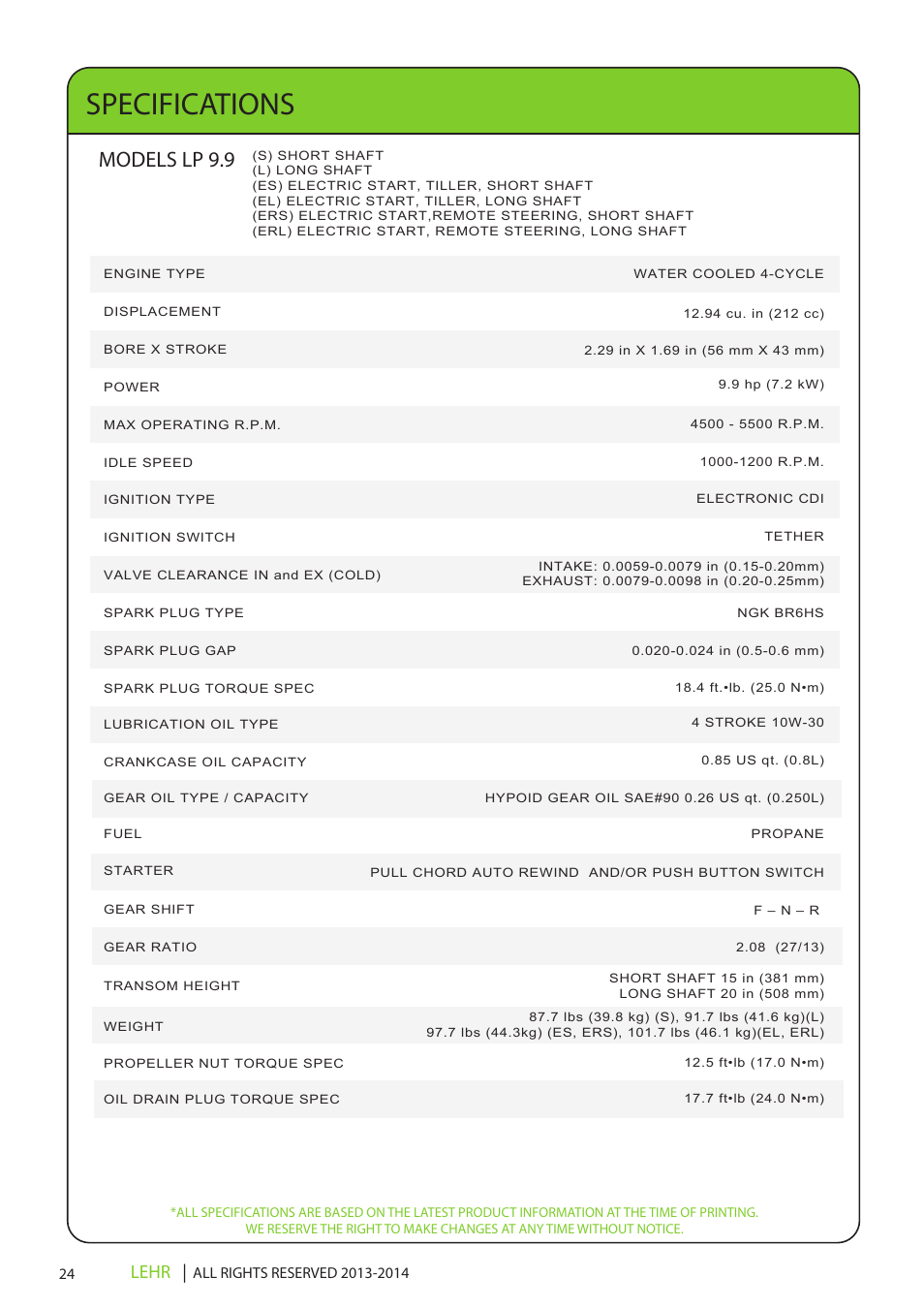 Lp9.9 operators manual final en 26, Specifications, Models lp 9.9 | Lehr | LEHR 9.9 HP 4-STROKE User Manual | Page 26 / 30