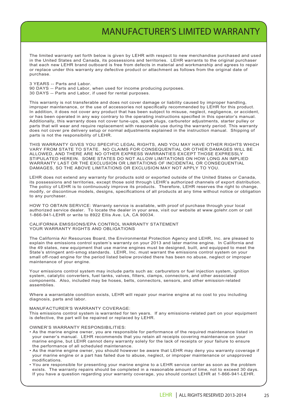 Lp9.9 operators manual final en 27, Manufacturer’s limited warranty, Lehr | LEHR 9.9 HP 4-STROKE User Manual | Page 27 / 30
