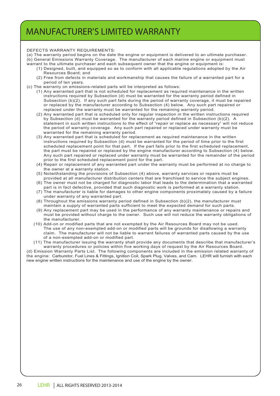Manufacturer’s limited warranty, Lehr | LEHR 9.9 HP 4-STROKE User Manual | Page 28 / 30