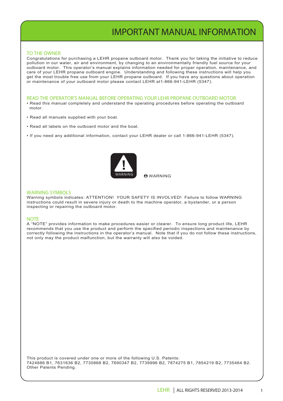 Lp9.9 operators manual final en 3, Important manual information | LEHR 9.9 HP 4-STROKE User Manual | Page 3 / 30