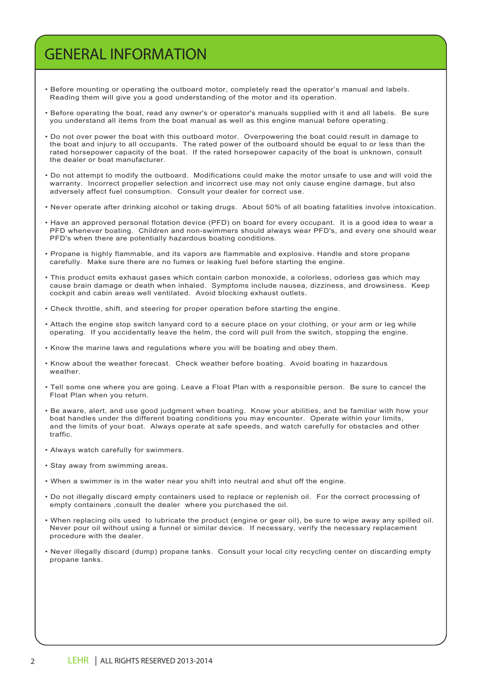 Lp9.9 operators manual final en 4, General information, Lehr | LEHR 9.9 HP 4-STROKE User Manual | Page 4 / 30