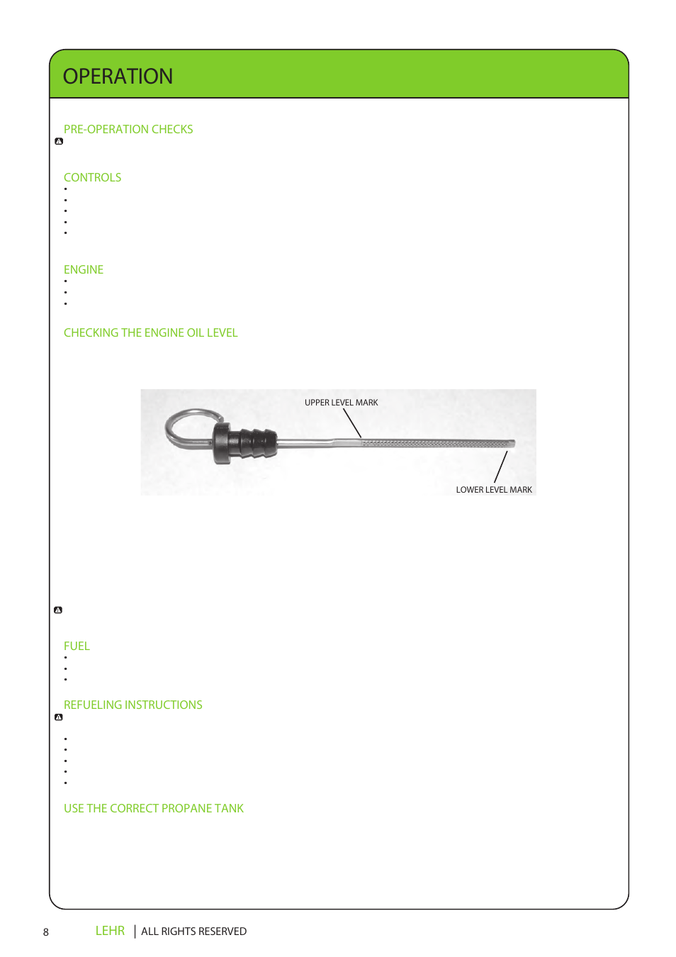 Lp15 operators manual final en 10, Operation, Lehr | Pre-operation checks, Controls, Engine, Checking the engine oil level, Fuel, Refueling instructions, Use the correct propane tank | LEHR 15 HP 4-STROKE User Manual | Page 10 / 30