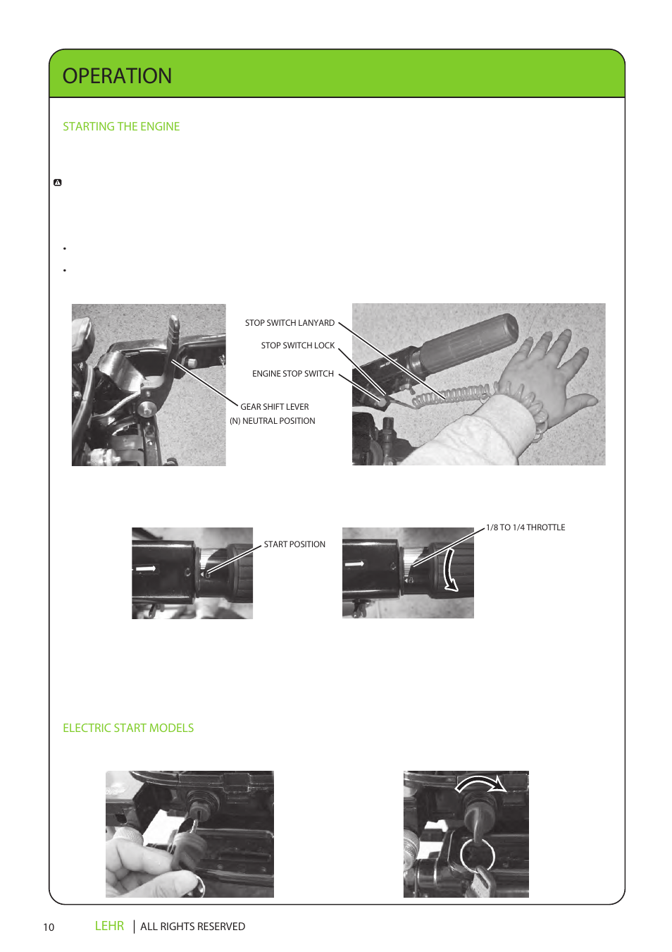 Lp15 operators manual final en 12, Operation, Lehr | Starting the engine, Electric start models | LEHR 15 HP 4-STROKE User Manual | Page 12 / 30