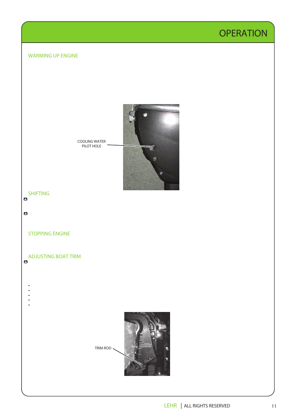 Lp15 operators manual final en 13, Operation, Lehr | Warming up engine, Shifting, Stopping engine, Adjusting boat trim | LEHR 15 HP 4-STROKE User Manual | Page 13 / 30