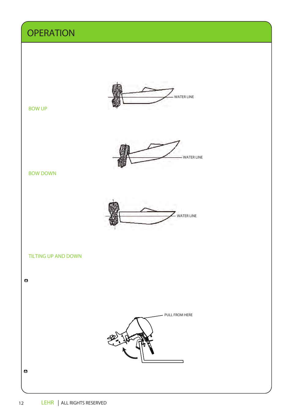 Lp15 operators manual final en 14, Operation, Lehr | Bow up, Bow down, Tilting up and down | LEHR 15 HP 4-STROKE User Manual | Page 14 / 30