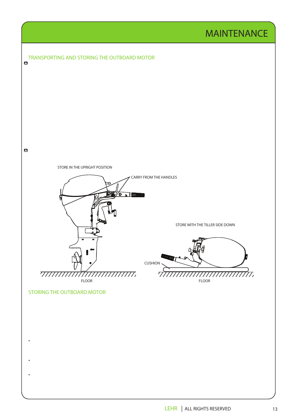 Lp15 operators manual final en 15, Maintenance, Lehr | Transporting and storing the outboard motor, Storing the outboard motor | LEHR 15 HP 4-STROKE User Manual | Page 15 / 30