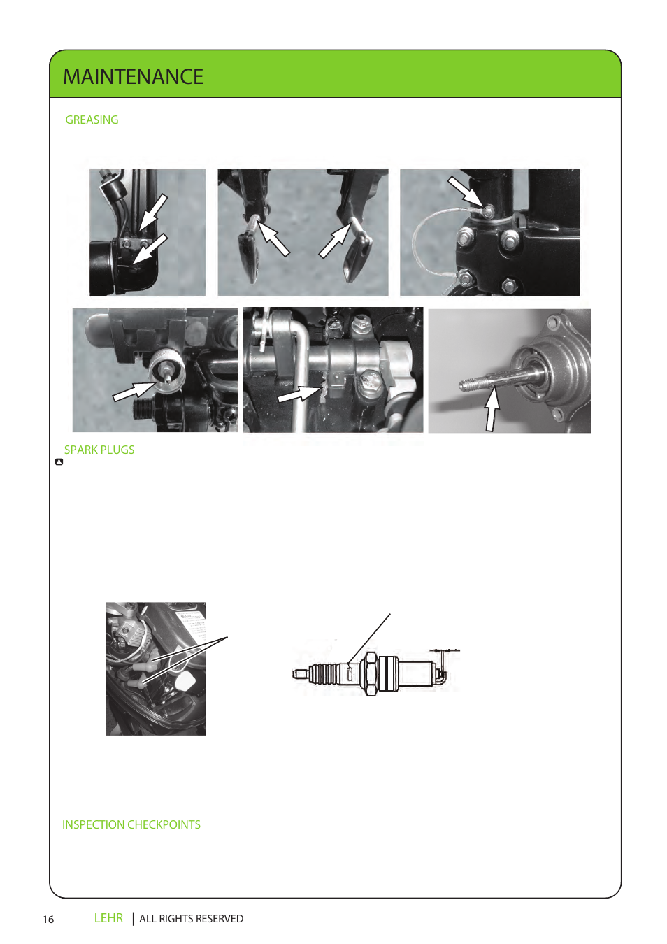 Lp15 operators manual final en 18, Maintenance, Lehr | Inspection checkpoints, Greasing, Spark plugs | LEHR 15 HP 4-STROKE User Manual | Page 18 / 30