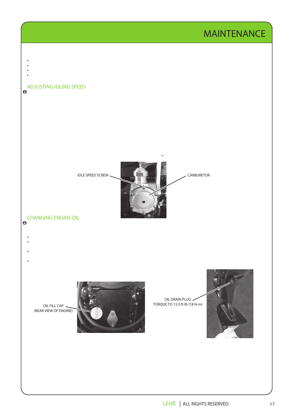Lp15 operators manual final en 19, Maintenance, Lehr | Adjusting idling speed, Changing engine oil | LEHR 15 HP 4-STROKE User Manual | Page 19 / 30
