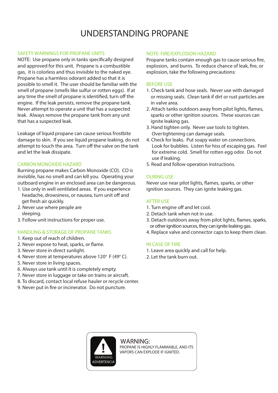 Lp15 operators manual final en 2, Understanding propane, Warning | LEHR 15 HP 4-STROKE User Manual | Page 2 / 30