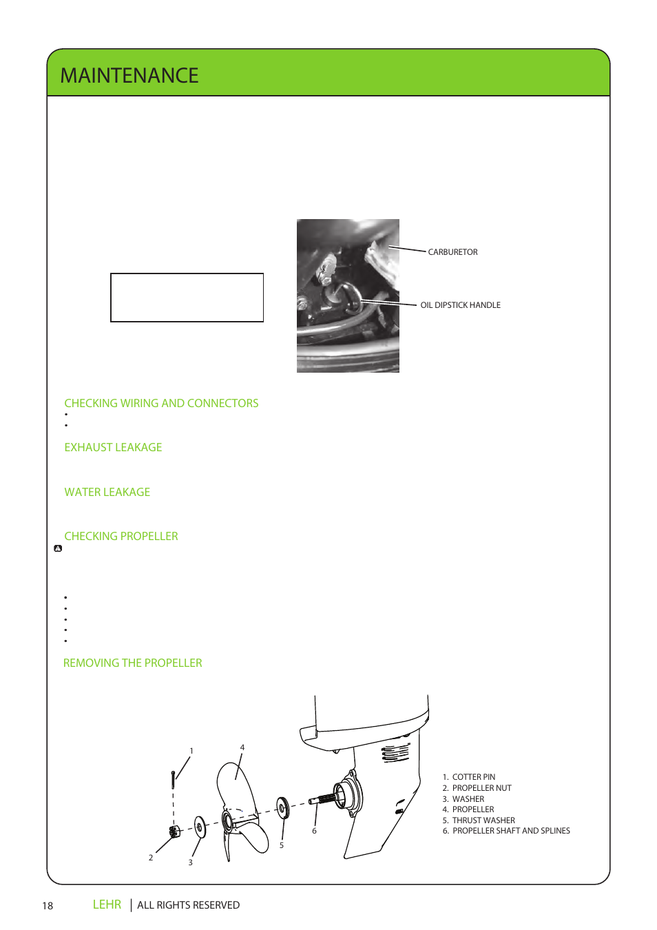 Lp15 operators manual final en 20, Maintenance, Lehr | Checking wiring and connectors, Exhaust leakage, Water leakage, Checking propeller, Removing the propeller | LEHR 15 HP 4-STROKE User Manual | Page 20 / 30