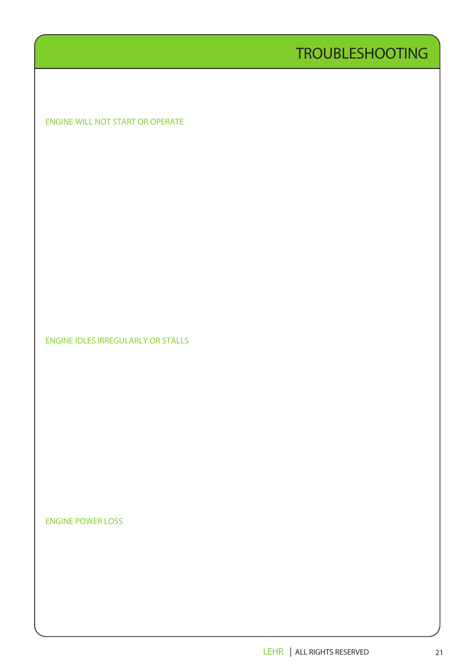 Lp15 operators manual final en 23, Troubleshooting, Lehr | Engine will not start or operate, Engine idles irregularly or stalls, Engine power loss | LEHR 15 HP 4-STROKE User Manual | Page 23 / 30
