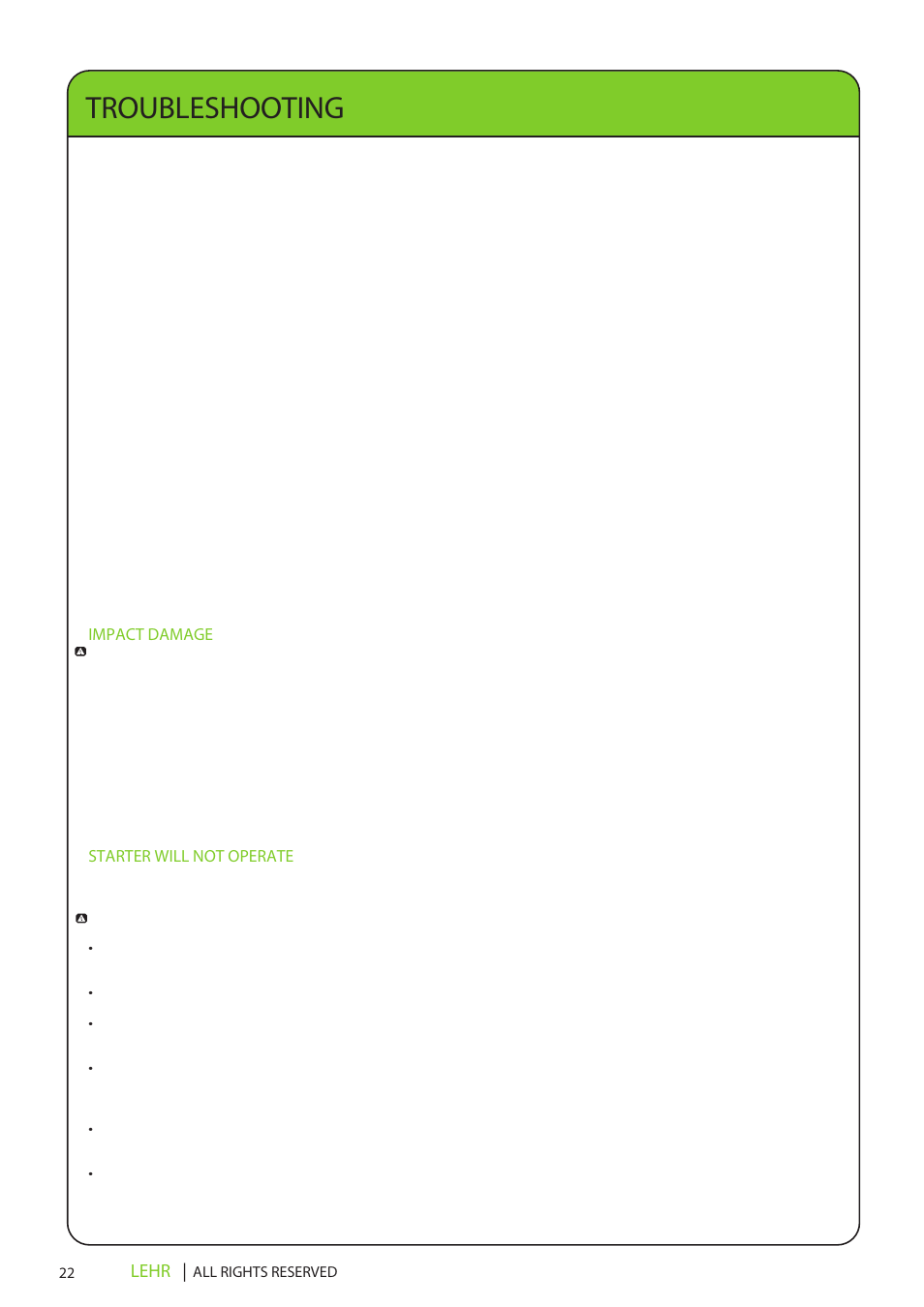 Lp15 operators manual final en 24, Troubleshooting, Lehr | Impact damage, Starter will not operate | LEHR 15 HP 4-STROKE User Manual | Page 24 / 30