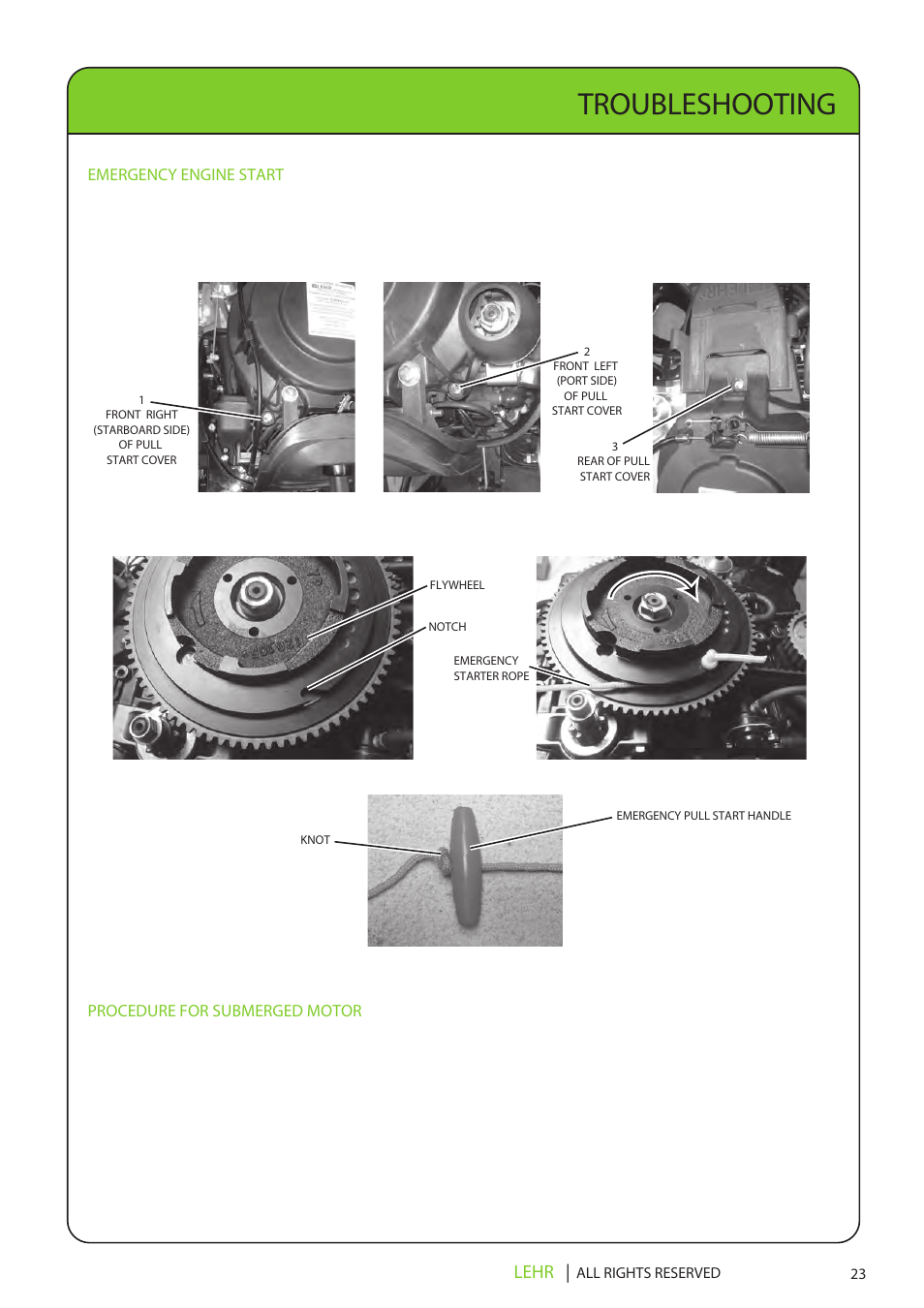 Lp15 operators manual final en 25, Troubleshooting, Lehr | Emergency engine start, Procedure for submerged motor | LEHR 15 HP 4-STROKE User Manual | Page 25 / 30