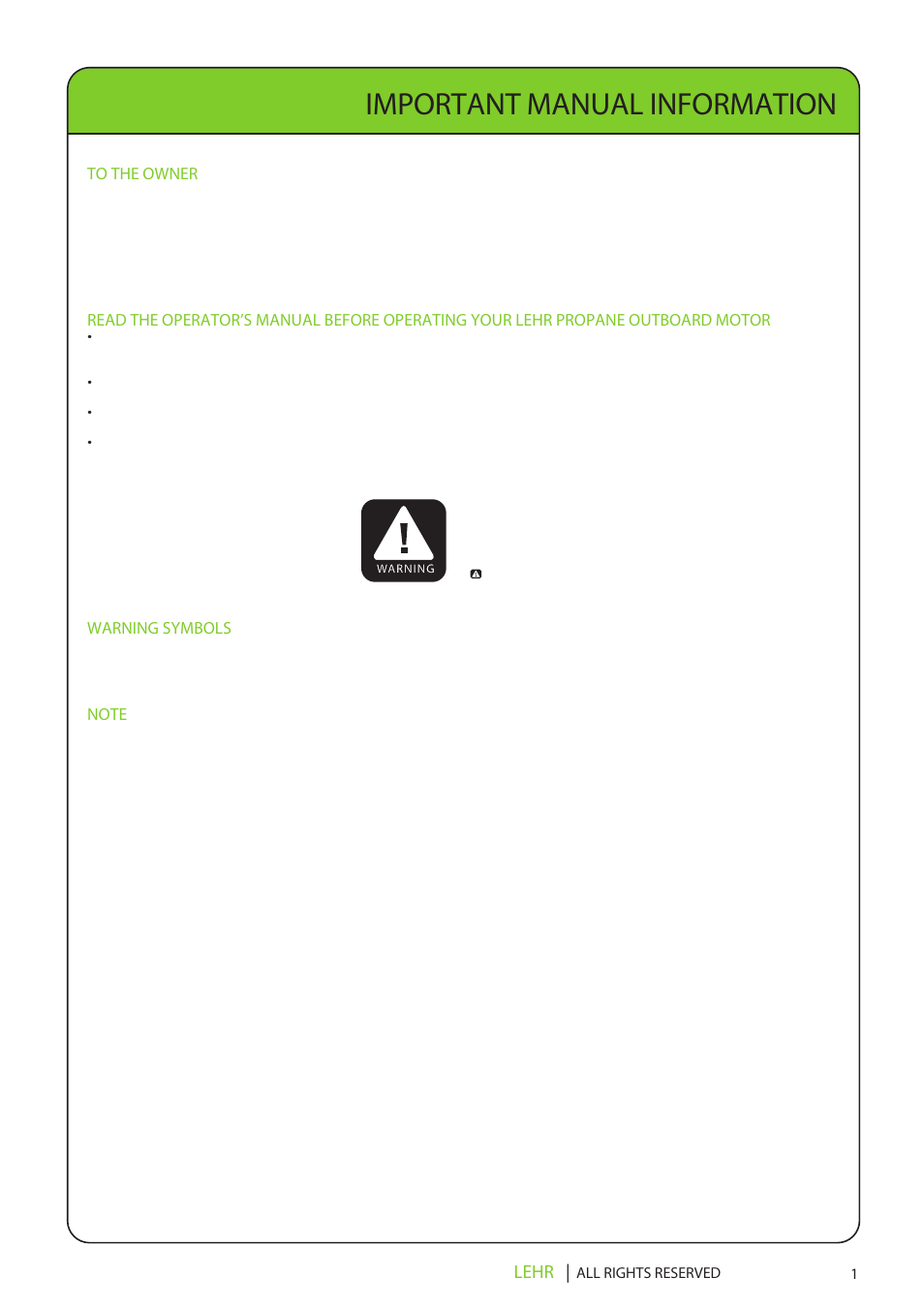 Lp15 operators manual final en 3, Important manual information, Lehr | LEHR 15 HP 4-STROKE User Manual | Page 3 / 30