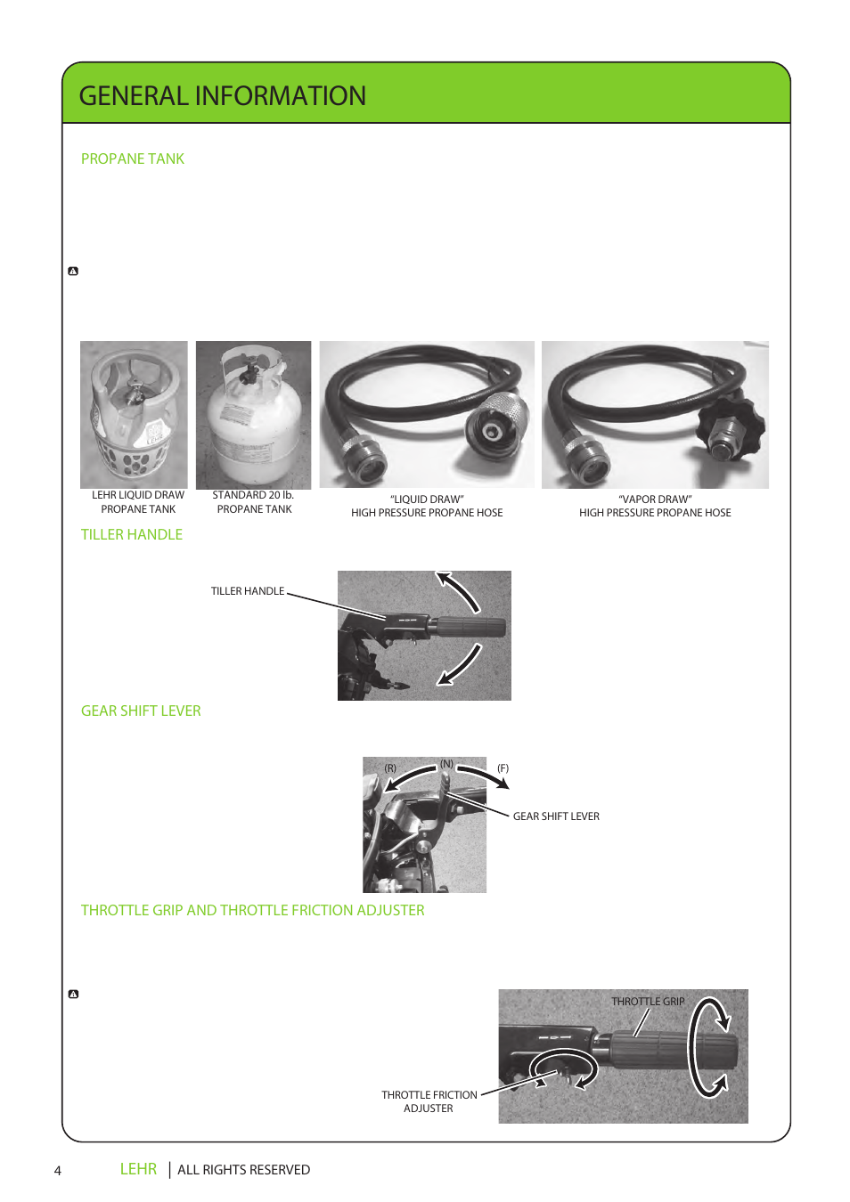 Lp15 operators manual final en 6, General information, Lehr | Propane tank, Tiller handle, Gear shift lever, Throttle grip and throttle friction adjuster | LEHR 15 HP 4-STROKE User Manual | Page 6 / 30