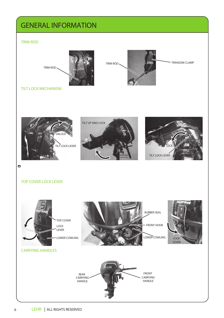 Lp15 operators manual final en 8, General information, Lehr | Trim rod, Tilt lock mechanism, Top cover lock lever, Carrying handles | LEHR 15 HP 4-STROKE User Manual | Page 8 / 30