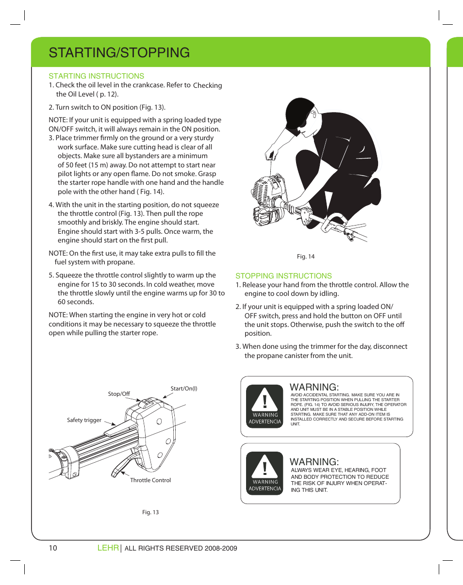 Starting/stopping, Warning | LEHR Eco Trimmer User Manual | Page 10 / 22