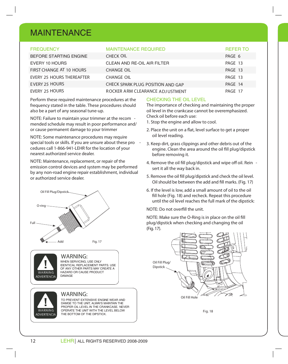 Maintenance, Warning | LEHR Eco Trimmer User Manual | Page 12 / 22