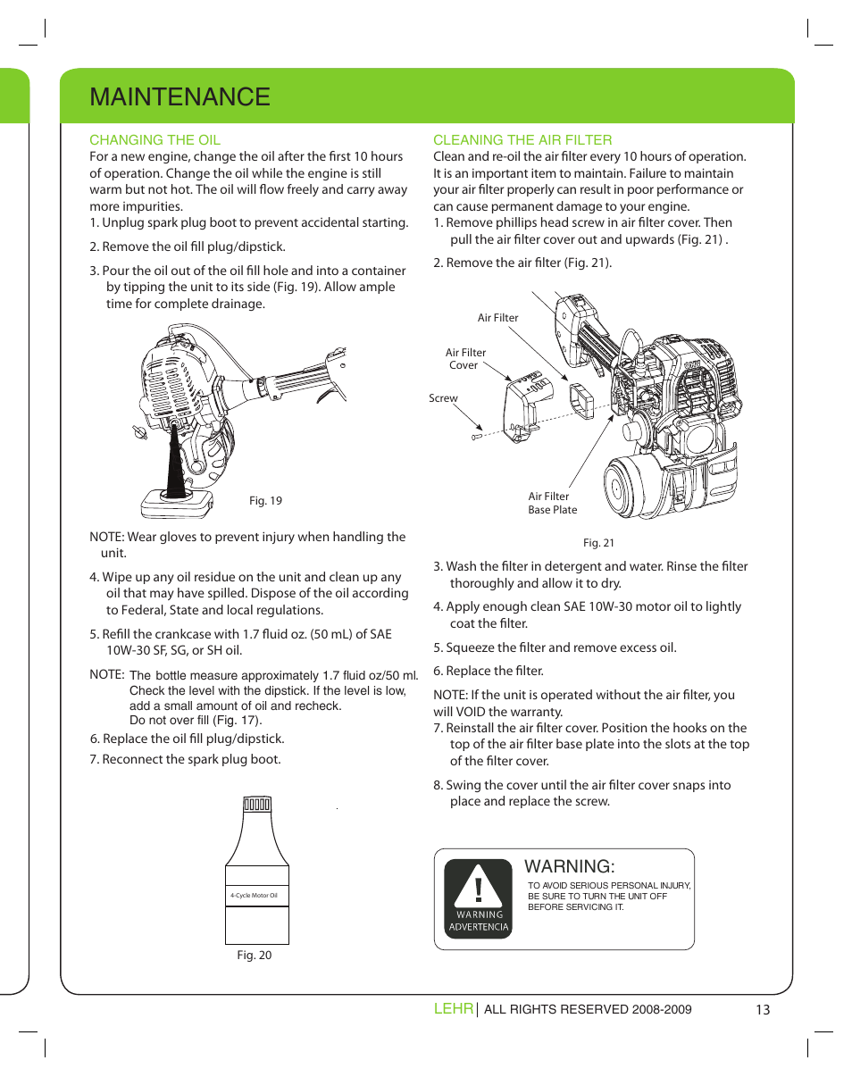 Maintenance, Warning | LEHR Eco Trimmer User Manual | Page 13 / 22