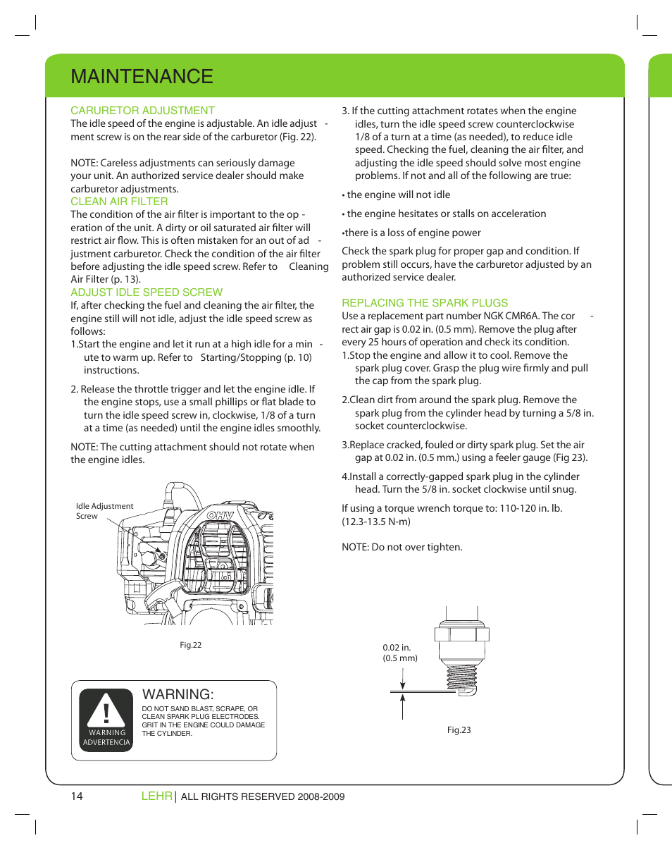 Maintenance, Warning | LEHR Eco Trimmer User Manual | Page 14 / 22