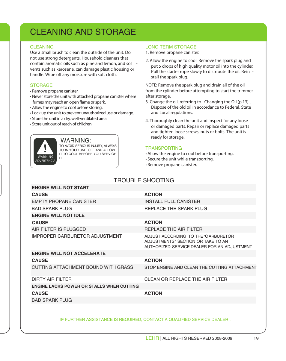 Cleaning and storage, Warning: trouble shooting | LEHR Eco Trimmer User Manual | Page 19 / 22