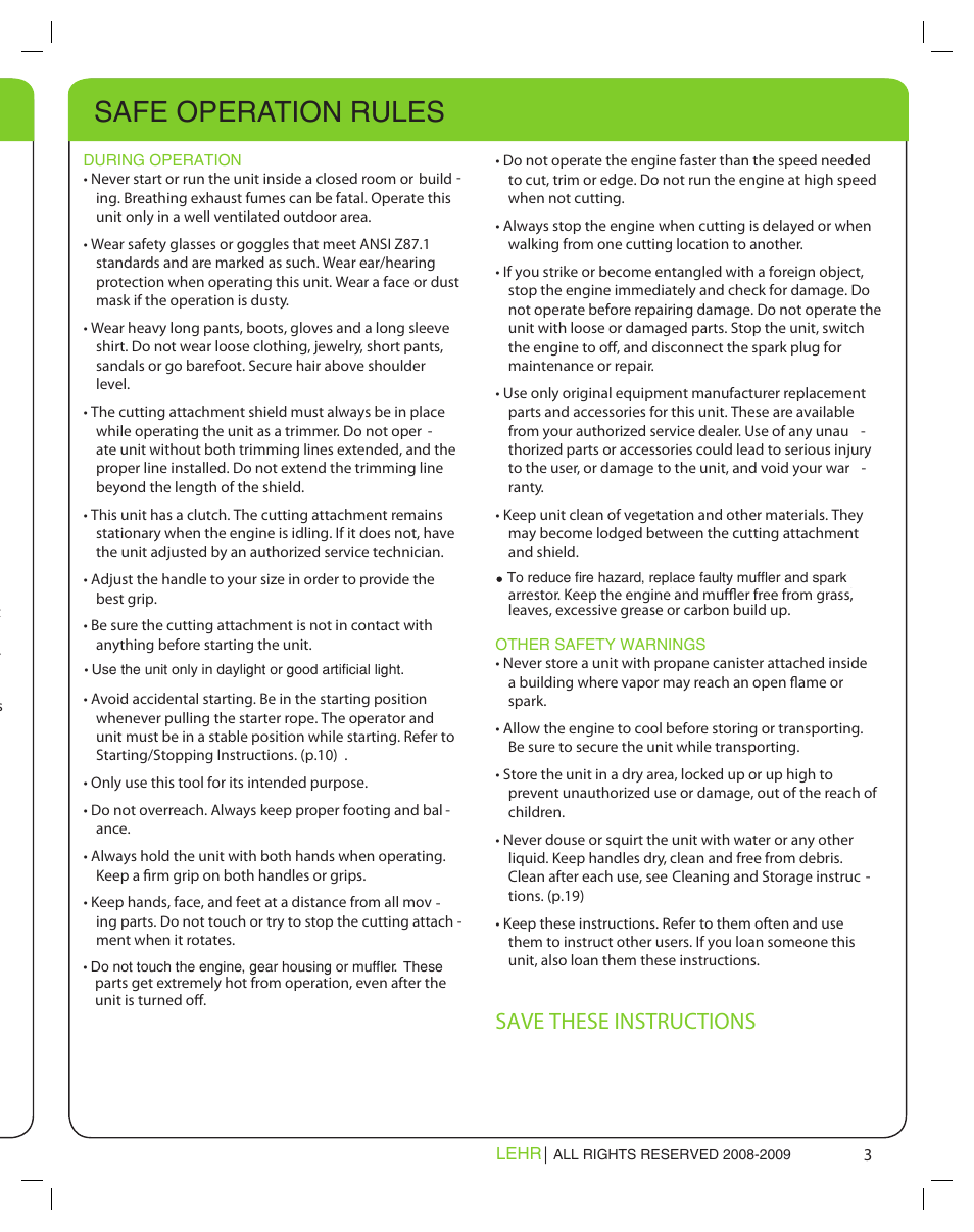 Safe operation rules, Save these instructions | LEHR Eco Trimmer User Manual | Page 3 / 22