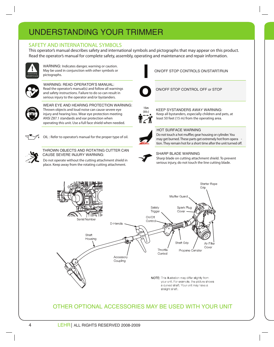 Understanding your trimmer, Safety and international symbols | LEHR Eco Trimmer User Manual | Page 4 / 22