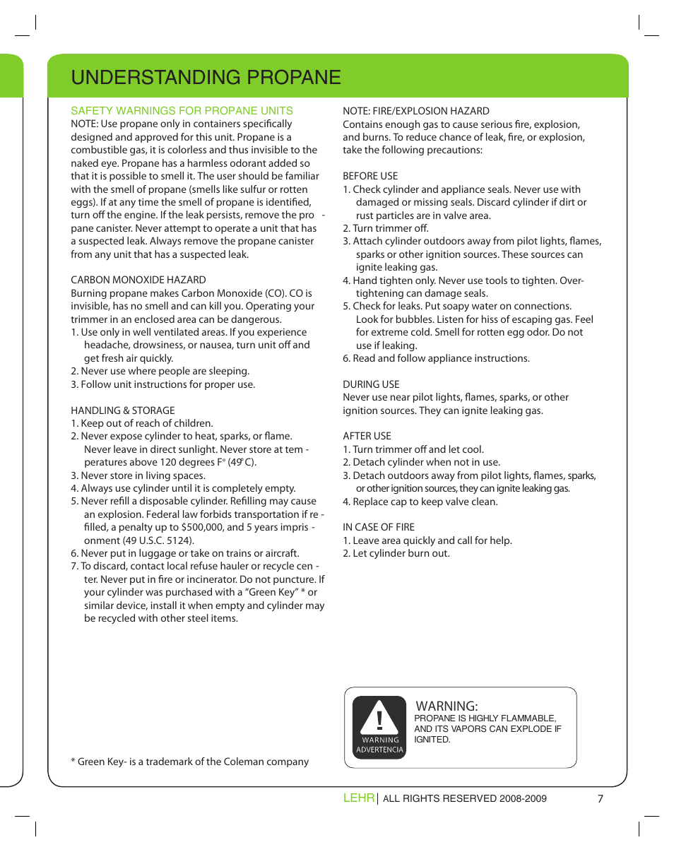 Understanding propane, Warning | LEHR Eco Trimmer User Manual | Page 7 / 22