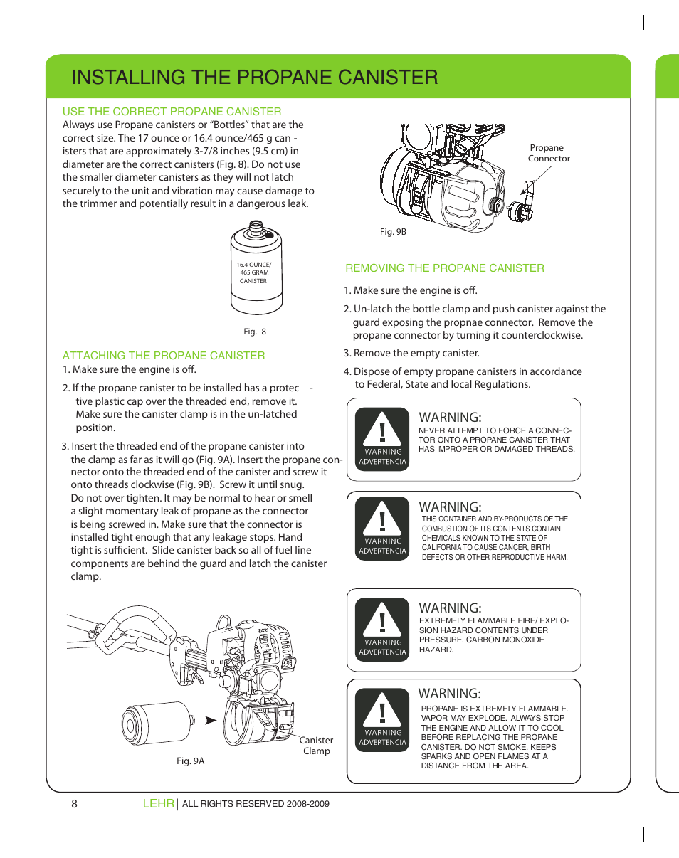 Installing the propane canister, Warning | LEHR Eco Trimmer User Manual | Page 8 / 22