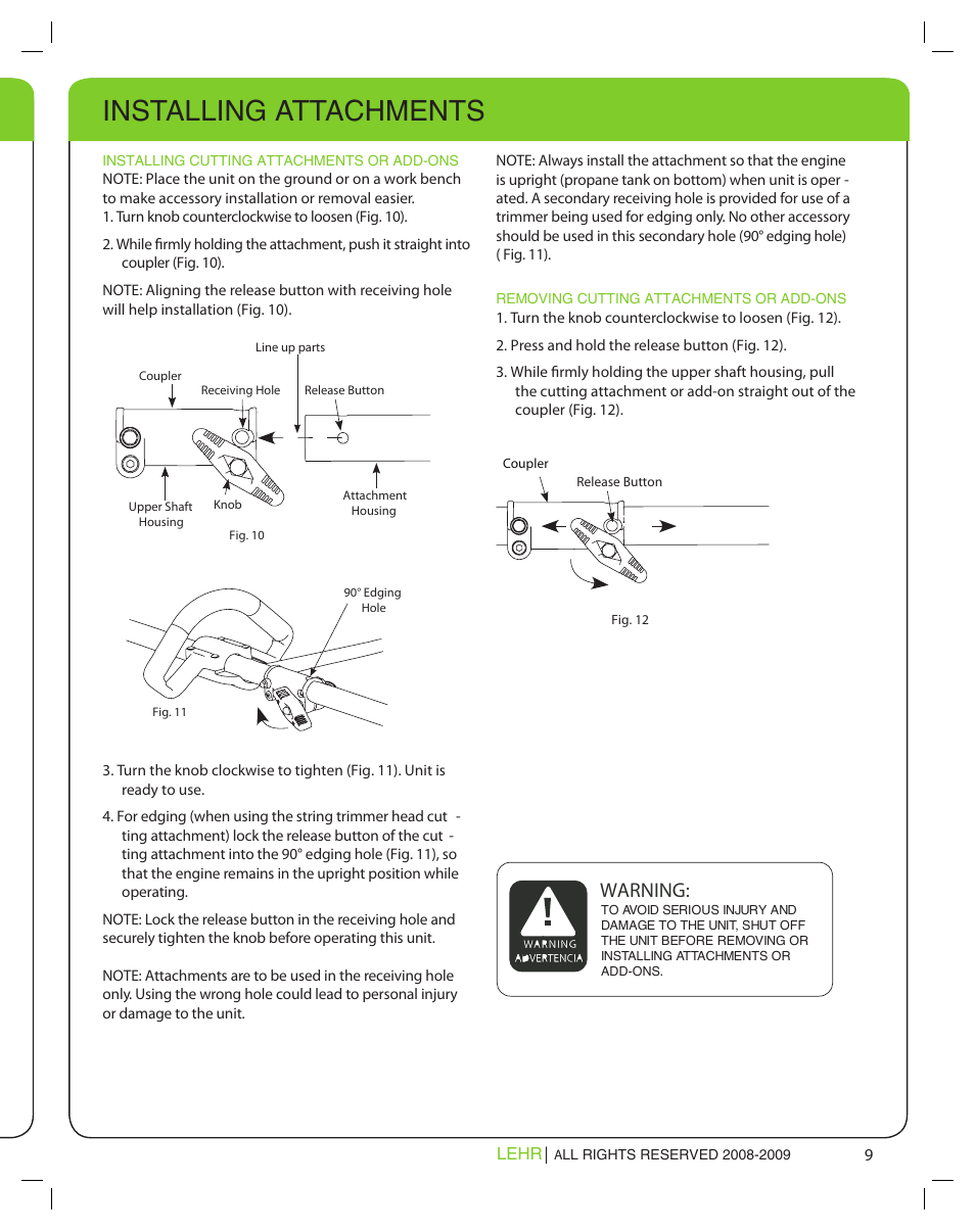 Installing attachments, Warning | LEHR Eco Trimmer User Manual | Page 9 / 22